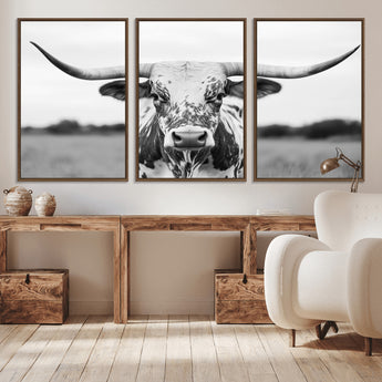 20272-MGV-CV-36X24-Highland Cow Wall Art – Black and White Western Longhorn Canvas Print, Farmhouse Living Room Decor Southwestern Animal Artwork for