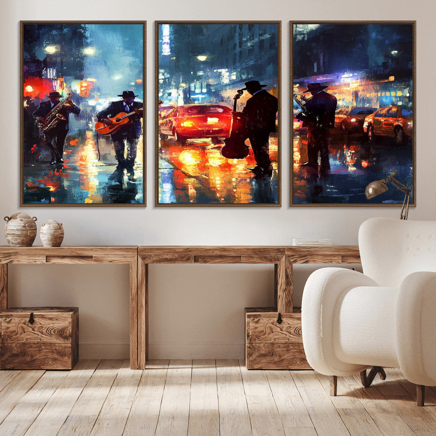94605-MGV-CV-36X24-City Jazz Night Wall Art – Vibrant Music Canvas Print Featuring Saxophone, Guitar and Bass Players, Urban Street Scene Artwork for