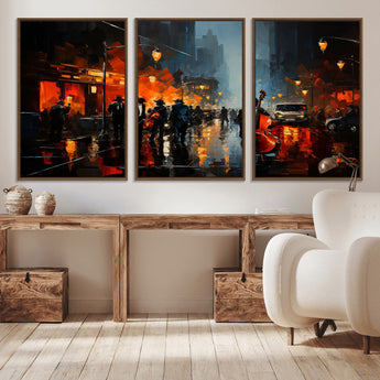46538-MGV-CV-36X24-Urban Jazz Night Wall Art – Dramatic Music Canvas Print with Double Bass and Street Musicians, Modern City Scene Artwork for