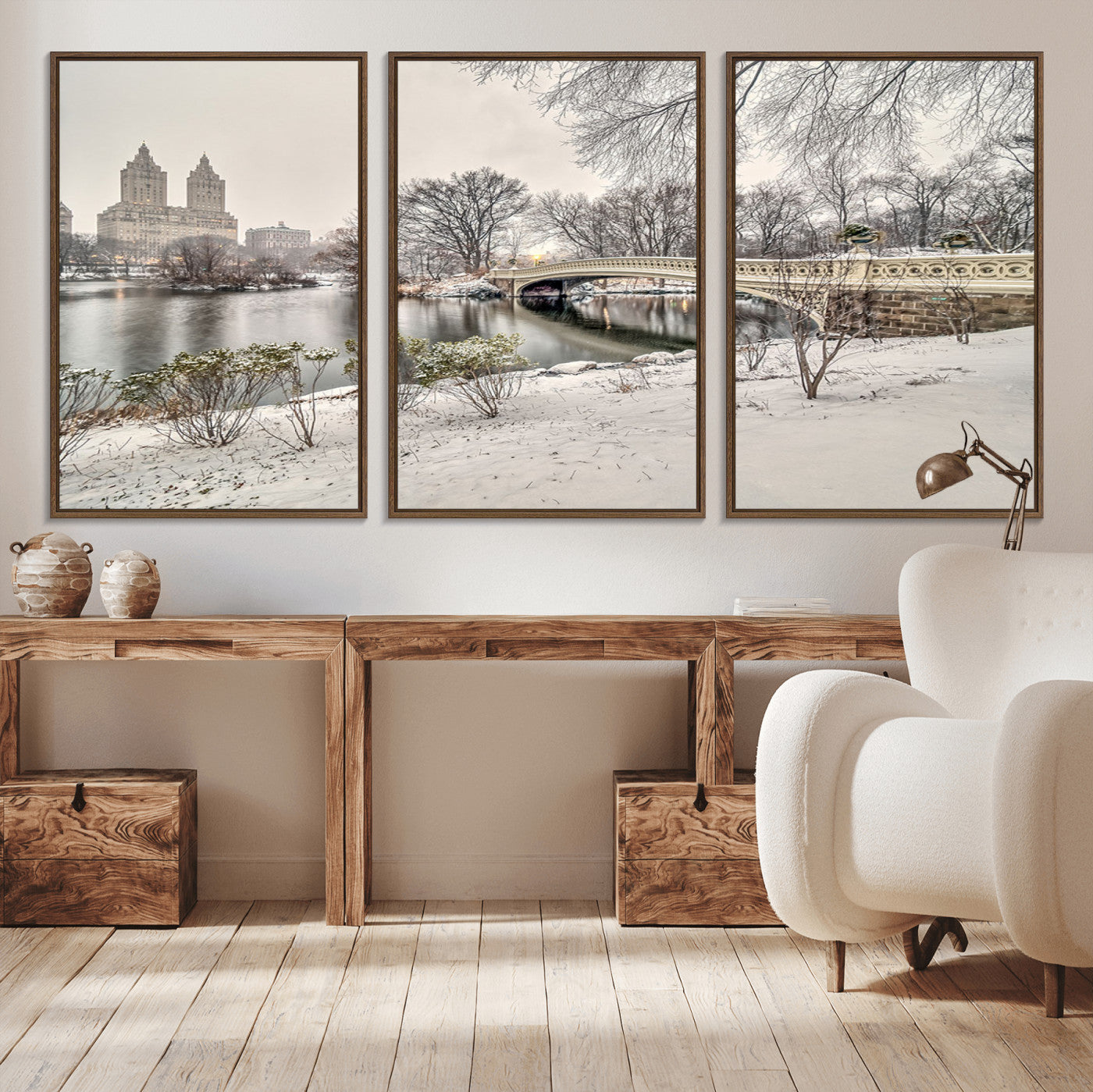 60292-MGV-CV-36X24-Central Park Winter Wall Art – Snowy Bow Bridge Canvas Print, Scenic New York City Landscape Photography for Living Room, Bedroom
