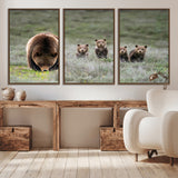 65087B-MGV-CV-36X24-Bear Family Wall Art – Wildlife Canvas Print Featuring Mother Bear with Cubs in Nature, Rustic Animal Artwork for Living Room,