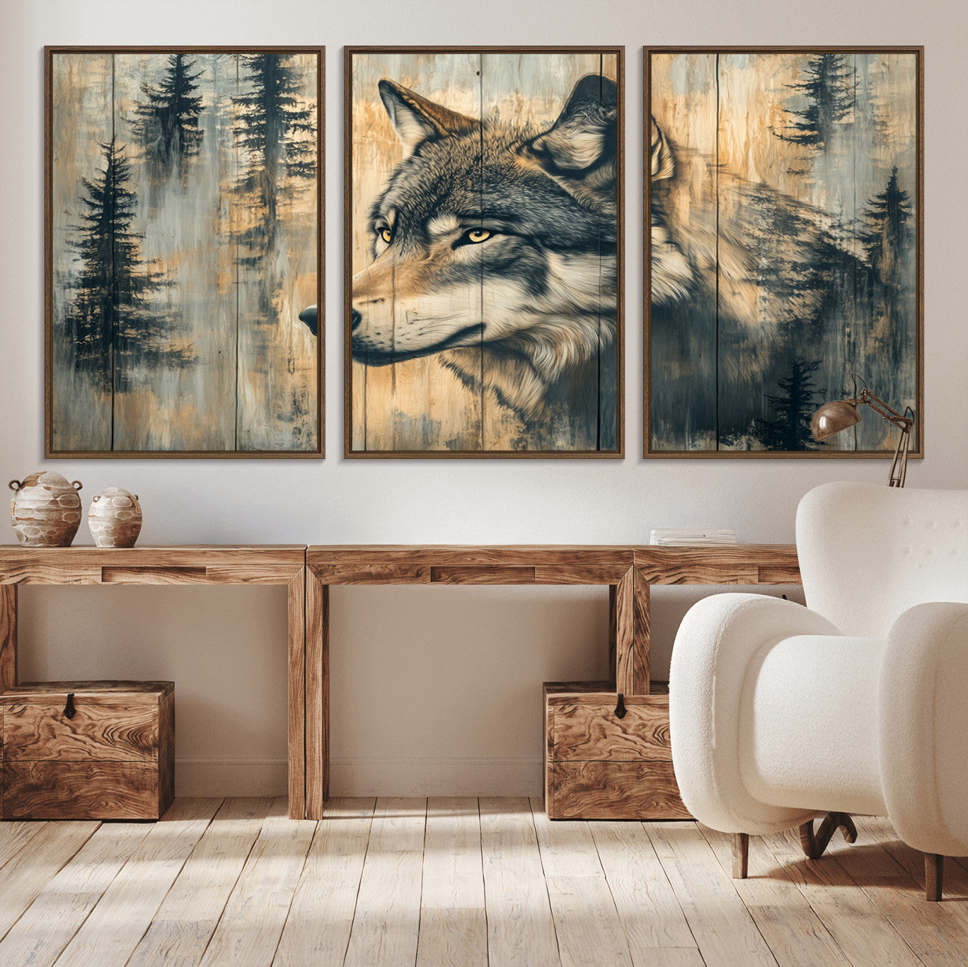 51892-MGV-CV-36X24-Wolf Wall Art – Rustic Canvas Print of Wolf with Forest Trees on Wood Texture, Wildlife Lodge Artwork for Living Room, Bedroom,