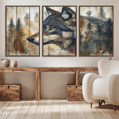 91882-MGV-CV-36X24-Wolf Wall Art – Rustic Canvas Print of Forest Wolf on Wood Background, Wildlife Lodge Artwork for Living Room, Bedroom, Cabin, or