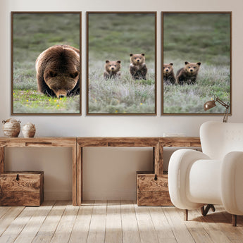40555-MGV-CV-36X24-Bear Family Wall Art – Wildlife Canvas Print of Mother Bear with Four Cubs in Nature, Rustic Animal Artwork for Living Room,