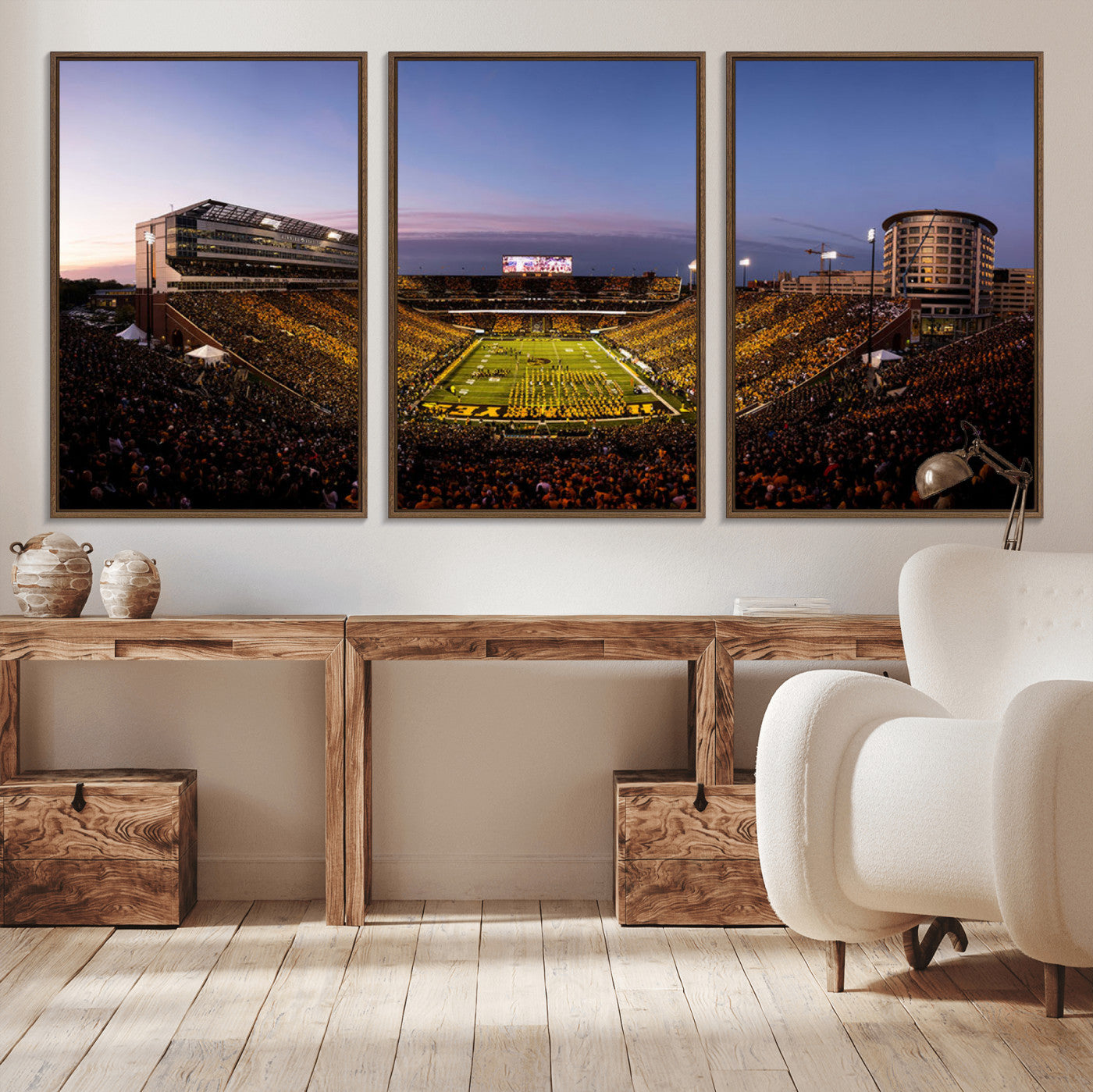 82557-MGV-CV-36X24-College Football Stadium Wall Art – Panoramic Sunset Canvas Print with Marching Band and Game Day Crowd, Sports Artwork for Man