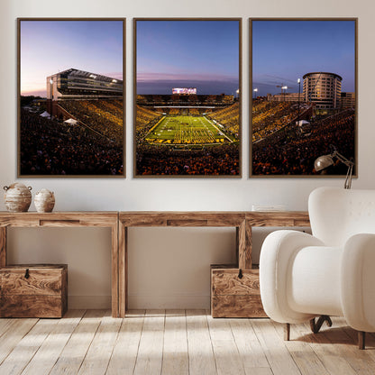 82557-MGV-CV-36X24-College Football Stadium Wall Art – Panoramic Sunset Canvas Print with Marching Band and Game Day Crowd, Sports Artwork for Man