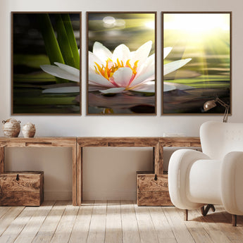 60352-MGV-FC-60X30-3P_Walnut-White Water Lily Wall Art – Lotus Flower Canvas Print with Sunlight Reflection, Peaceful Botanical Artwork for Living Room,