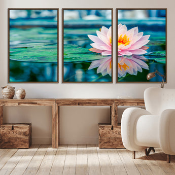 30320-MGV-CV-36X24-Pink Water Lily Wall Art – Lotus Flower Canvas Print with Reflection Water, Peaceful Botanical Artwork for Living Room, Bedroom,