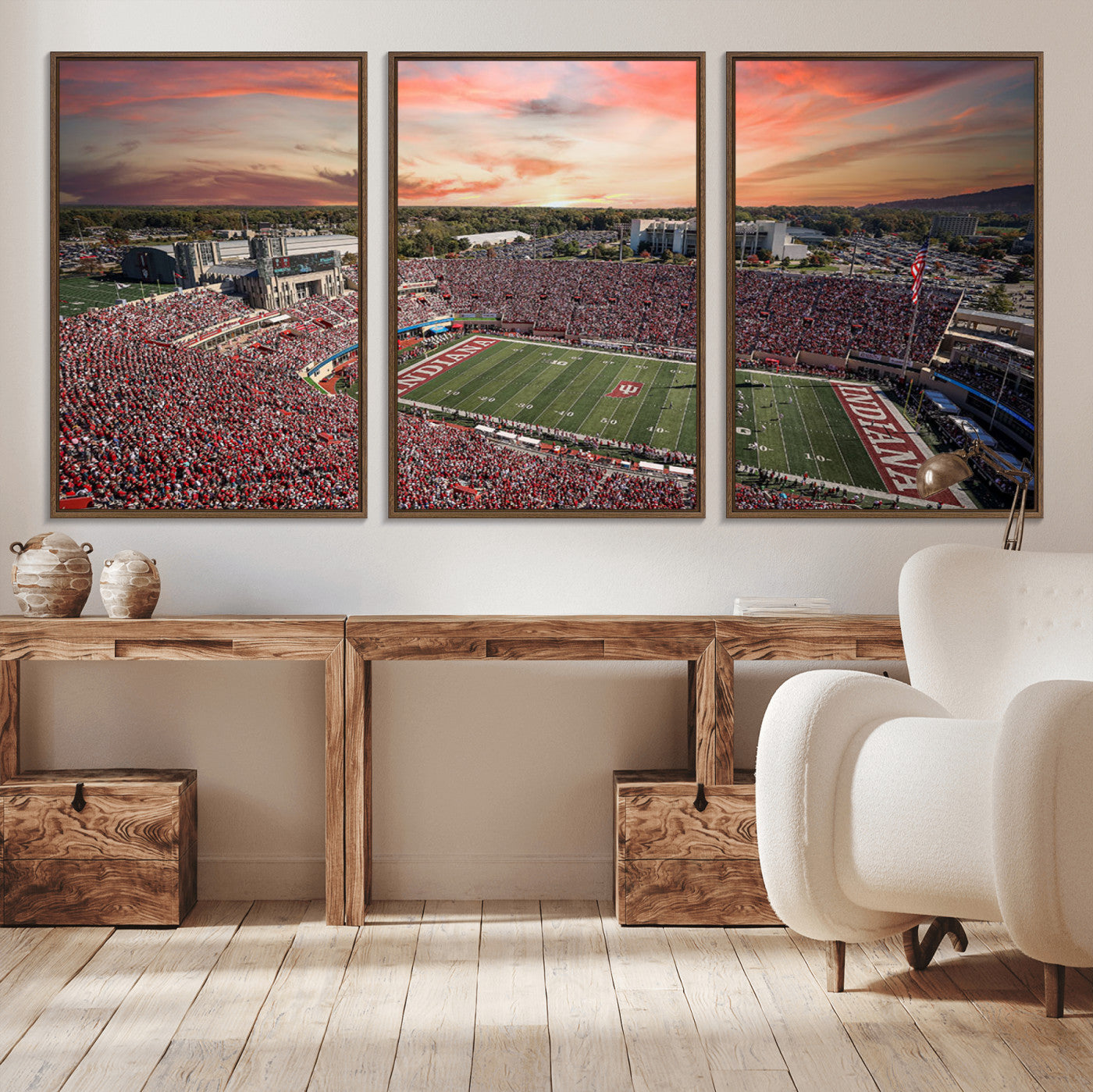 51135-MGV-CV-36X24-Indiana Hoosiers Stadium Wall Art – Panoramic Football Canvas Print with Game Day Crowd and Sunset Sky, Sports Artwork for Man