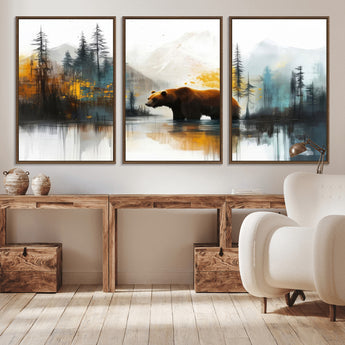 50308-MGV-CV-36X24-Abstract Rustic Bear Wall Art – Forest and Mountain Scene Canvas Print, Nature Artwork for Modern Farmhouse or Log Cabin Decor