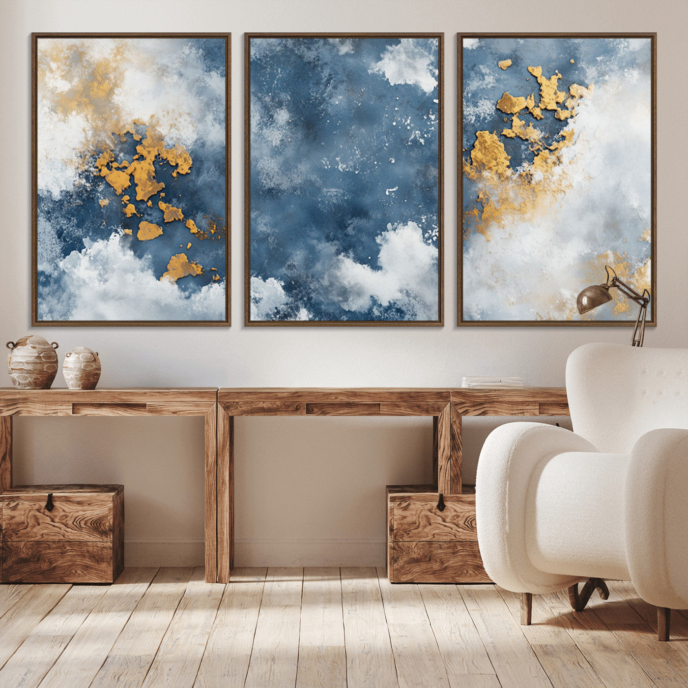 39575-MGV-CV-36X24-Blue and Gold Abstract Wall Art – Modern Canvas Print Featuring Cloudy Textures with Metallic Accents, Contemporary Artwork for