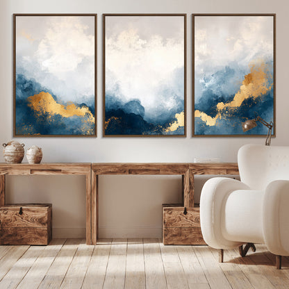 14578-MGV-CV-36X24-Abstract Wall Art – Modern Canvas Print Featuring Blue and White Clouds with Golden Accents, Contemporary Elegant Artwork for