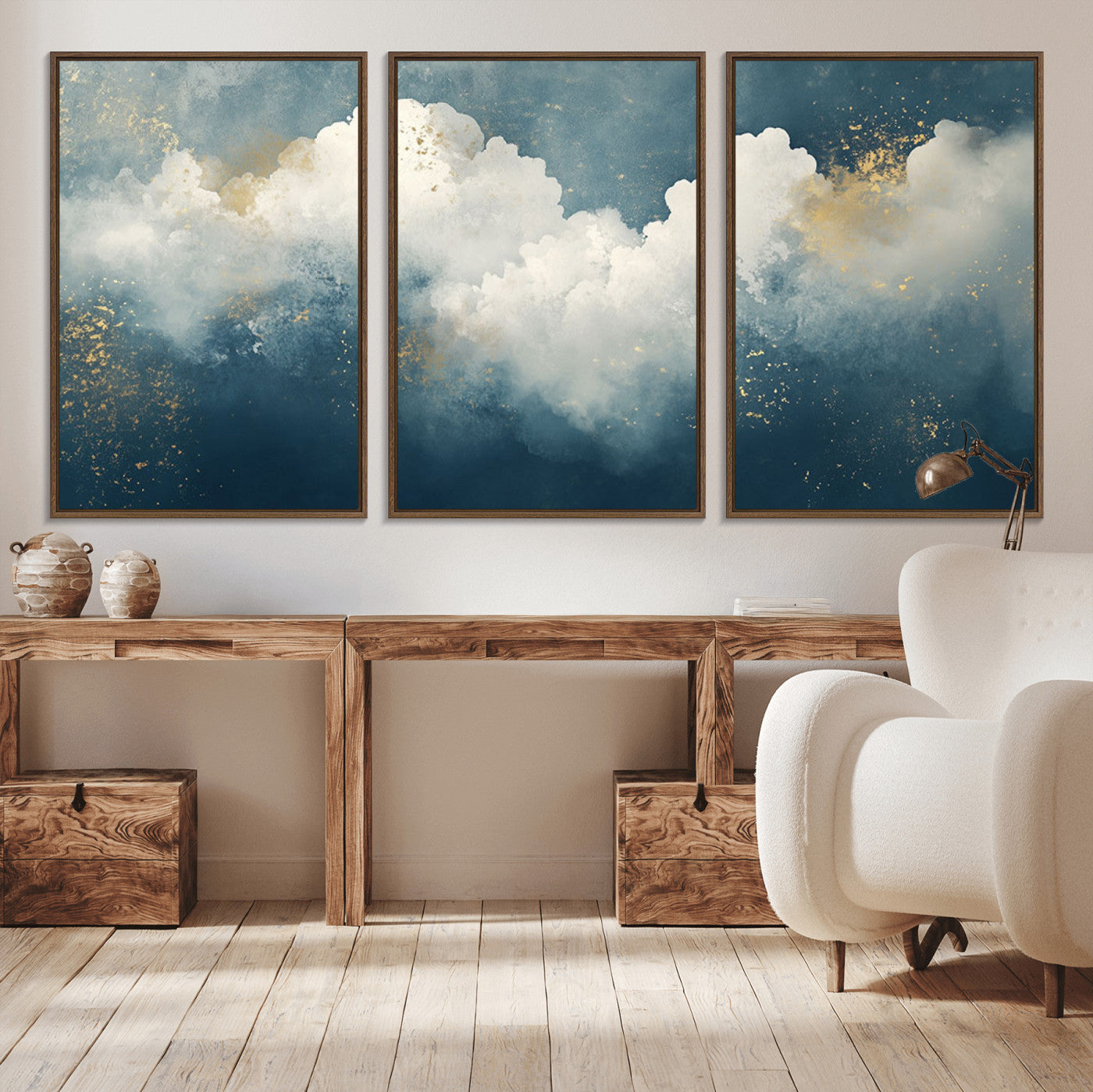 75131-MGV-CV-36X24-Abstract Cloud Wall Art – Modern Canvas Print Featuring Blue and White Clouds with Golden Accents, Contemporary Artwork for Living