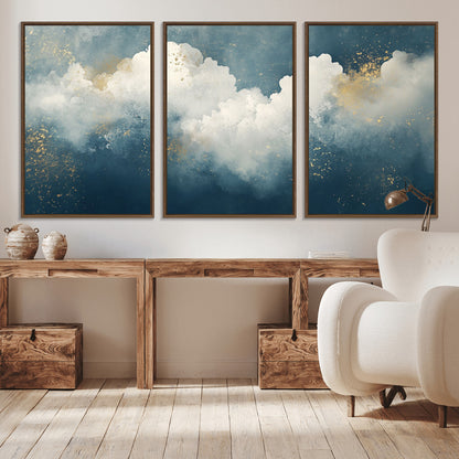 75131-MGV-CV-36X24-Abstract Cloud Wall Art – Modern Canvas Print Featuring Blue and White Clouds with Golden Accents, Contemporary Artwork for Living