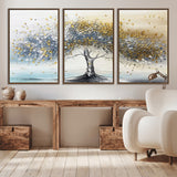 24771-MGV-CV-36X24-Silver Tree Wall Art Canvas Print, Framed Golden Leaves Art Picture Print, Metallic Tree Perfect Minimalist Luxury Decor Artwork