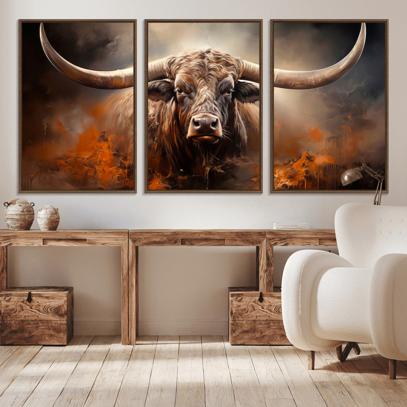 240479-MGV-CV-36X24-Longhorn Bull Wall Art – Dramatic Western Canvas Print Featuring Horned Bull with Fiery Background, Rustic Farmhouse Artwork for