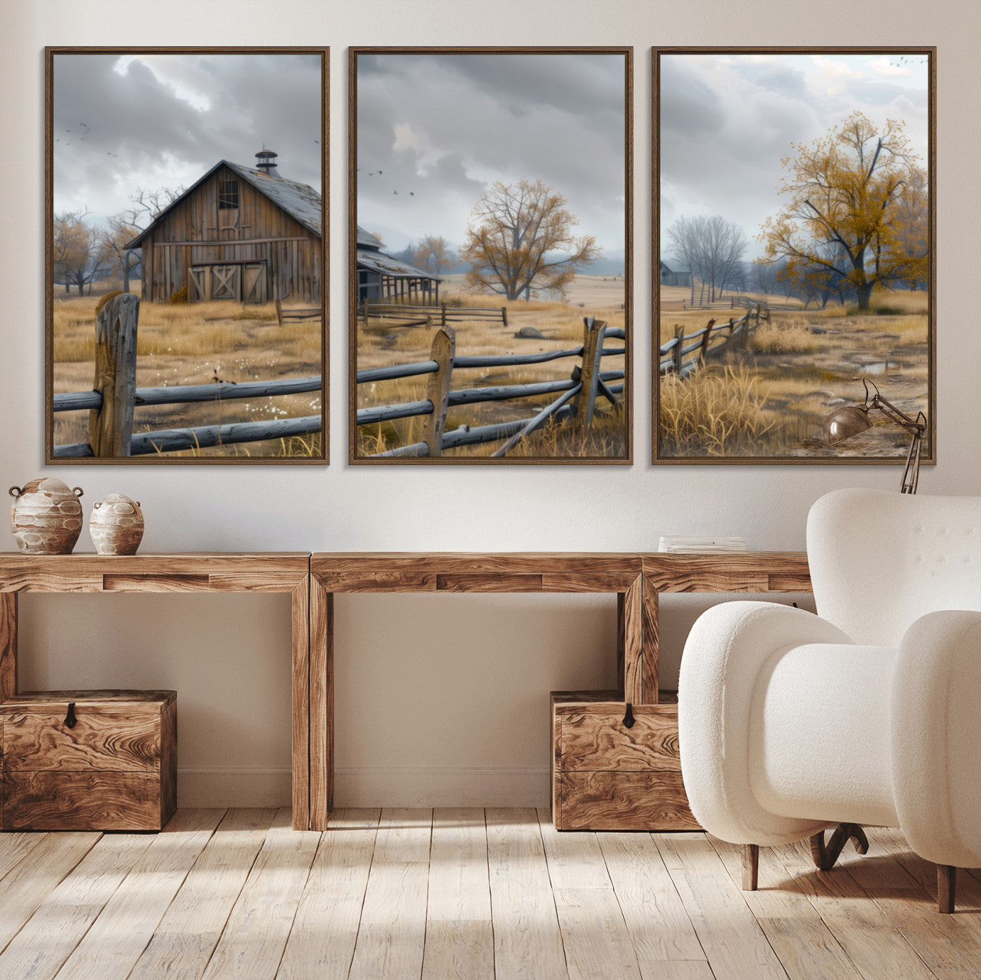 Farm1-MGV-CV-36X24-Rustic Autumn Farmhouse Wall Art – Serene Countryside Scene Canvas Print, Weathered Barn and Autumn Trees Decor for Living Room,