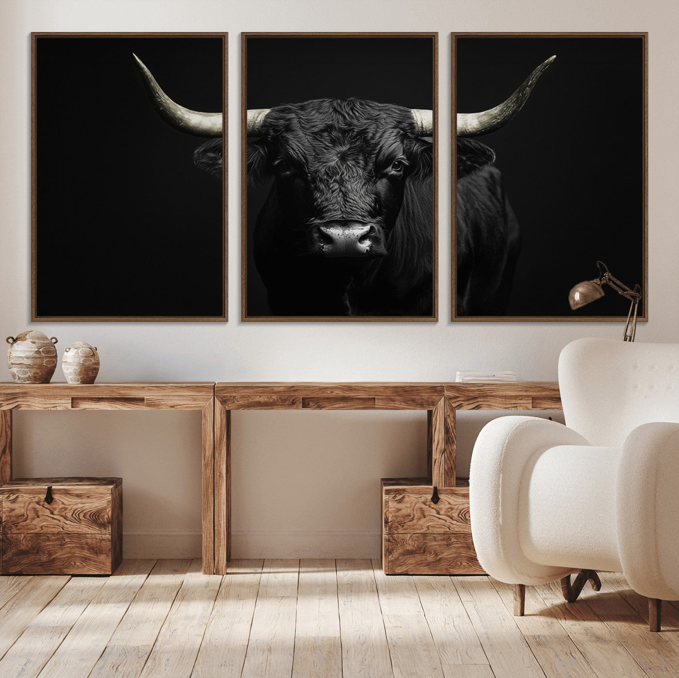 97914921-MGV-CV-36X24-Black Bull Wall Art Canvas Print, Framed Longhorn Bull Art Picture Print, Western Bull Perfect Monochrome Western Decor Artwork