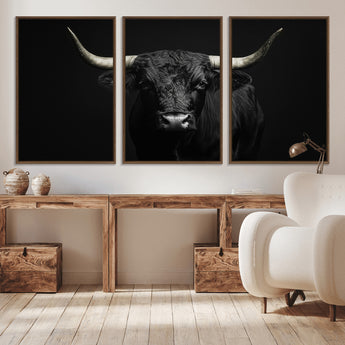 97914921-MGV-CV-36X24-Black Bull Wall Art Canvas Print, Framed Longhorn Bull Art Picture Print, Western Bull Perfect Monochrome Western Decor Artwork