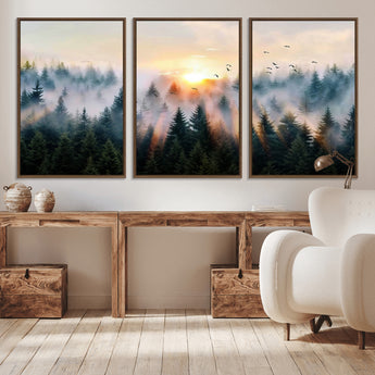 56391411-MGV-CV-36X24-Misty Forest Wall Art Canvas Print, Framed Sunrise Pines Art Picture Print, Moody Pines Perfect Serene Woodland Decor Artwork