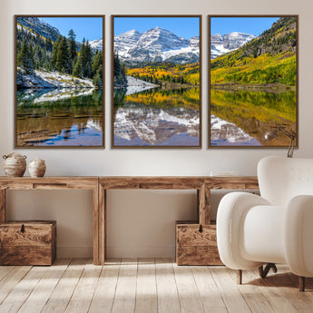 87724099-MGV-CV-36X24-Maroon Bells Wall Art Canvas Print, Framed Snowy Mountains Art Picture Print, Pine Forest Perfect Vibrant Alpine Decor Artwork