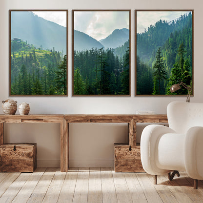 83417191-MGV-CV-36X24-Misty Mountain Forest Wall Art – Pine Tree Landscape Canvas Print, Nature Photography Panorama, Tranquil Green Forest Décor for