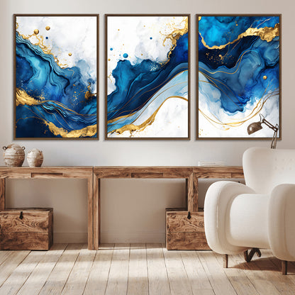33506371-MGV-CV-36X24-Blue Marble Wall Art Canvas Print, Framed Gold Splash Art Picture Print, Abstract Wave Perfect Modern Luxe Decor Artwork