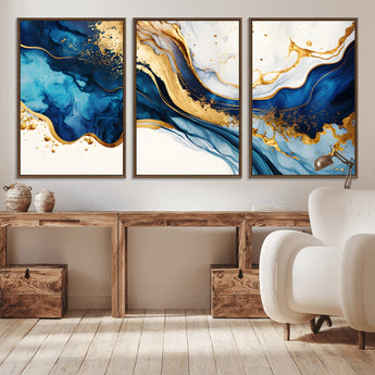 60283636-MGV-CV-36X24-Blue Gold Flow Wall Art Canvas Print, Framed Marble Texture Art Picture Print, Elegant Splash Perfect Elegant Abstract Decor