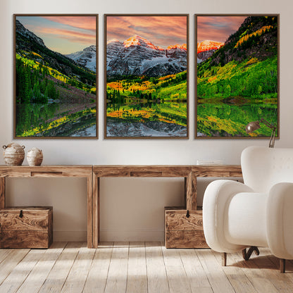 59533484-MGV-CV-36X24-Maroon Bells Autumn Wall Art – Panoramic Mountain Landscape Canvas Print, Sunset Reflection Nature Artwork for Living Room, Office