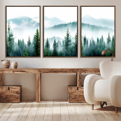 16716676-MGV-CV-36X24-Pine Forest Wall Art Canvas Print, Framed Misty Mountains Art Picture Print, Foggy Trees Perfect Moody Forest Decor Artwork