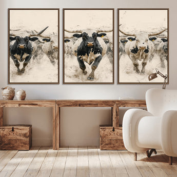 61538944-MGV-CV-36X24-Texas Longhorn Wall Art Canvas Print, Framed Cattles Walking Art Picture Print, Black White Bulls Perfect Rustic Western Decor
