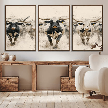61538944-MGV-CV-36X24-Texas Longhorn Wall Art Canvas Print, Framed Cattles Walking Art Picture Print, Black White Bulls Perfect Rustic Western Decor