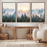92718976-MGV-CV-36X24-Misty Forest Wall Art Canvas Print, Framed Sunrise Pines Art Picture Print, Foggy Woodland Perfect Moody Woodland Decor Artwork