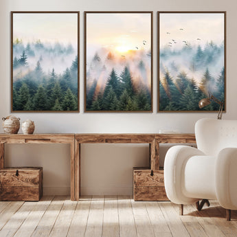 92718976-MGV-CV-36X24-Misty Forest Wall Art Canvas Print, Framed Sunrise Pines Art Picture Print, Foggy Woodland Perfect Moody Woodland Decor Artwork