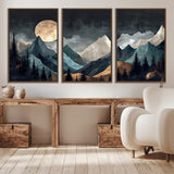 11060882-MGV-CV-36X24-Moonlit Mountains Wall Art Canvas Print, Framed Forest Silhouette Art Picture Print, Night Landscape Perfect Modern Forest Decor
