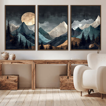 11060882-MGV-CV-36X24-Moonlit Mountains Wall Art Canvas Print, Framed Forest Silhouette Art Picture Print, Night Landscape Perfect Modern Forest Decor