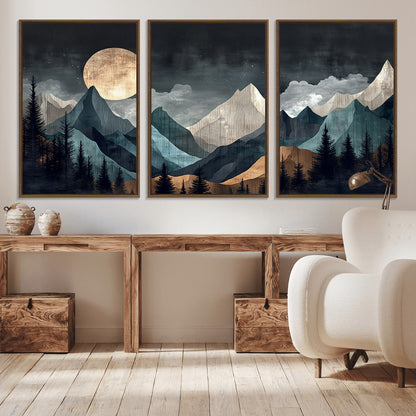11060882-MGV-CV-36X24-Moonlit Mountains Wall Art Canvas Print, Framed Forest Silhouette Art Picture Print, Night Landscape Perfect Modern Forest Decor