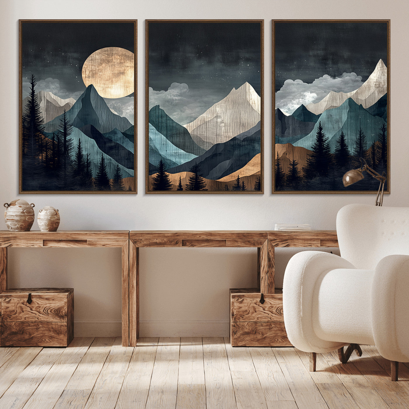 11060882-MGV-CV-36X24-Moonlit Mountains Wall Art Canvas Print, Framed Forest Silhouette Art Picture Print, Night Landscape Perfect Modern Forest Decor