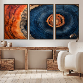 72209152-MGV-CV-36X24-Abstract Tree Ring Wall Art – Vibrant Blue Orange Wood Grain Canvas Print, Rustic Modern Nature Artwork for Living Room, Office,
