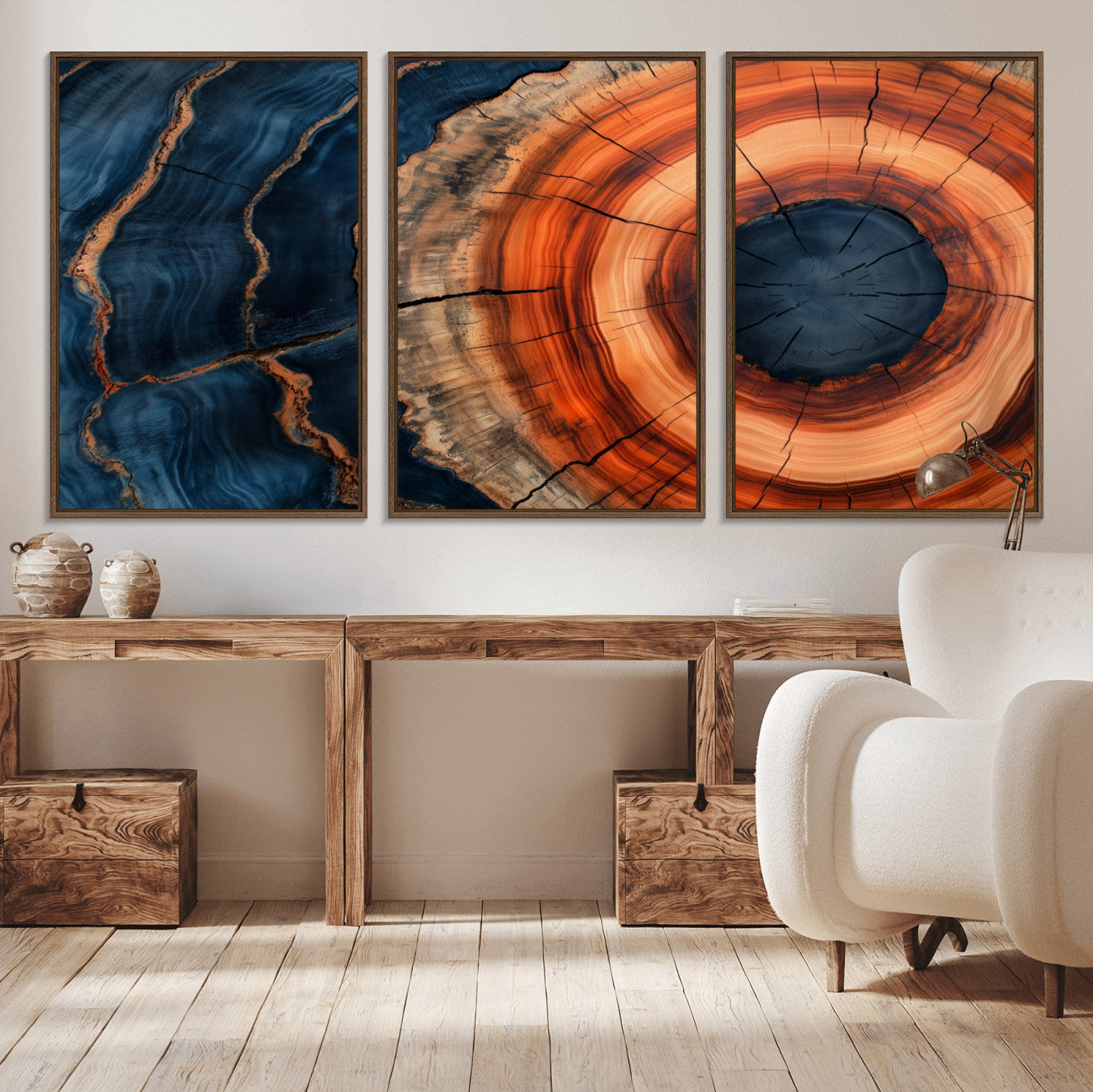 41123192-MGV-CV-36X24-Tree Ring Canvas Wall Art – Abstract Blue Orange Wood Grain Print, Rustic Modern Nature Artwork for Living Room, Bedroom, Office