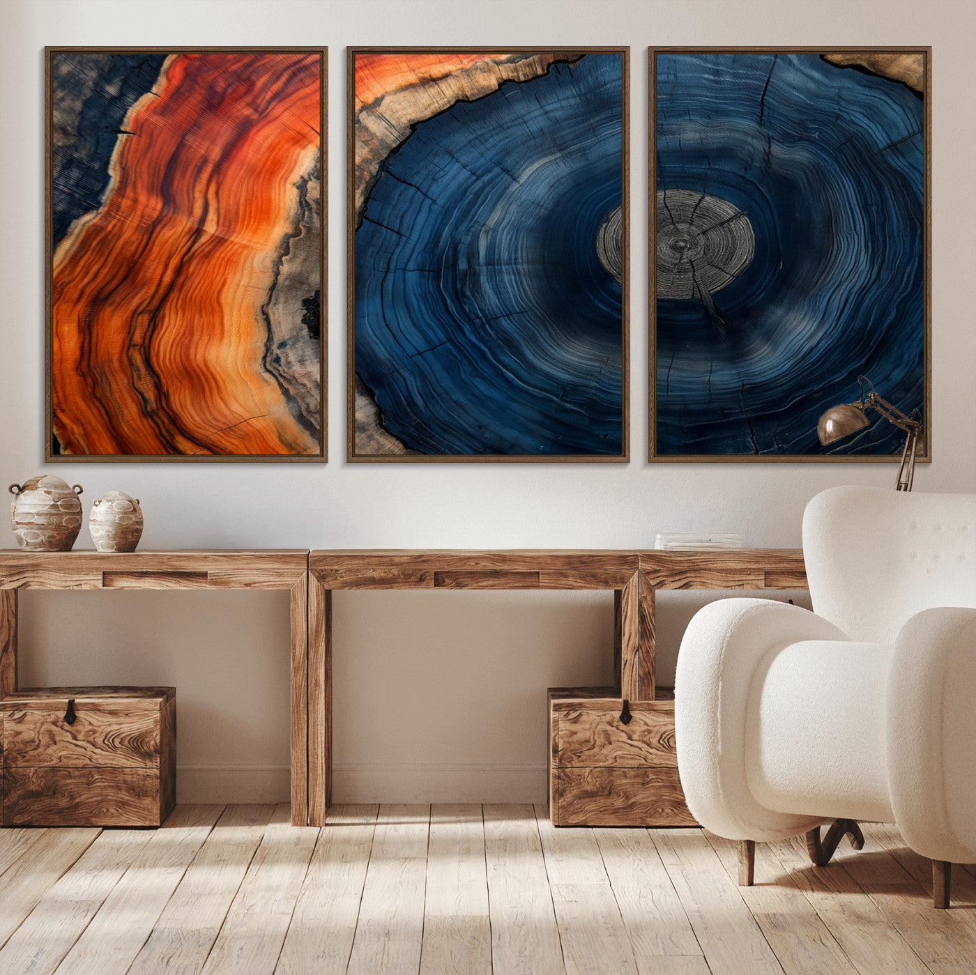 99491700-MGV-CV-36X24-Tree Ring Canvas Wall Art – Blue Orange Abstract Wood Grain Print, Rustic Modern Nature Artwork for Living Room, Office, Bedroom