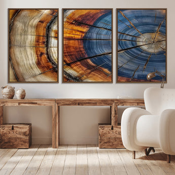 18032999-MGV-CV-36X24-Tree Ring Wall Art – Blue Brown Abstract Wood Slice Canvas Print, Rustic Modern Nature Decor for Living Room, Office, Bedroom or