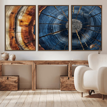 45268471-MGV-CV-36X24-Blue Tree Ring Wall Art – Rustic Wood Cross Section Canvas Print, Modern Abstract Nature Decor for Living Room, Office, or Cabin
