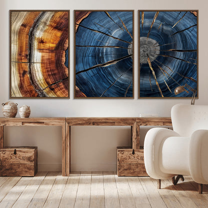 45268471-MGV-CV-36X24-Blue Tree Ring Wall Art – Rustic Wood Cross Section Canvas Print, Modern Abstract Nature Decor for Living Room, Office, or Cabin