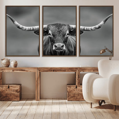 81228550-MGV-CV-36X24-Framed Texas Longhorn Bull Art Canvas Print, Western Bull Wall Art Print, Long Horn Bull Photo Print for Log Cabin, Large Bull