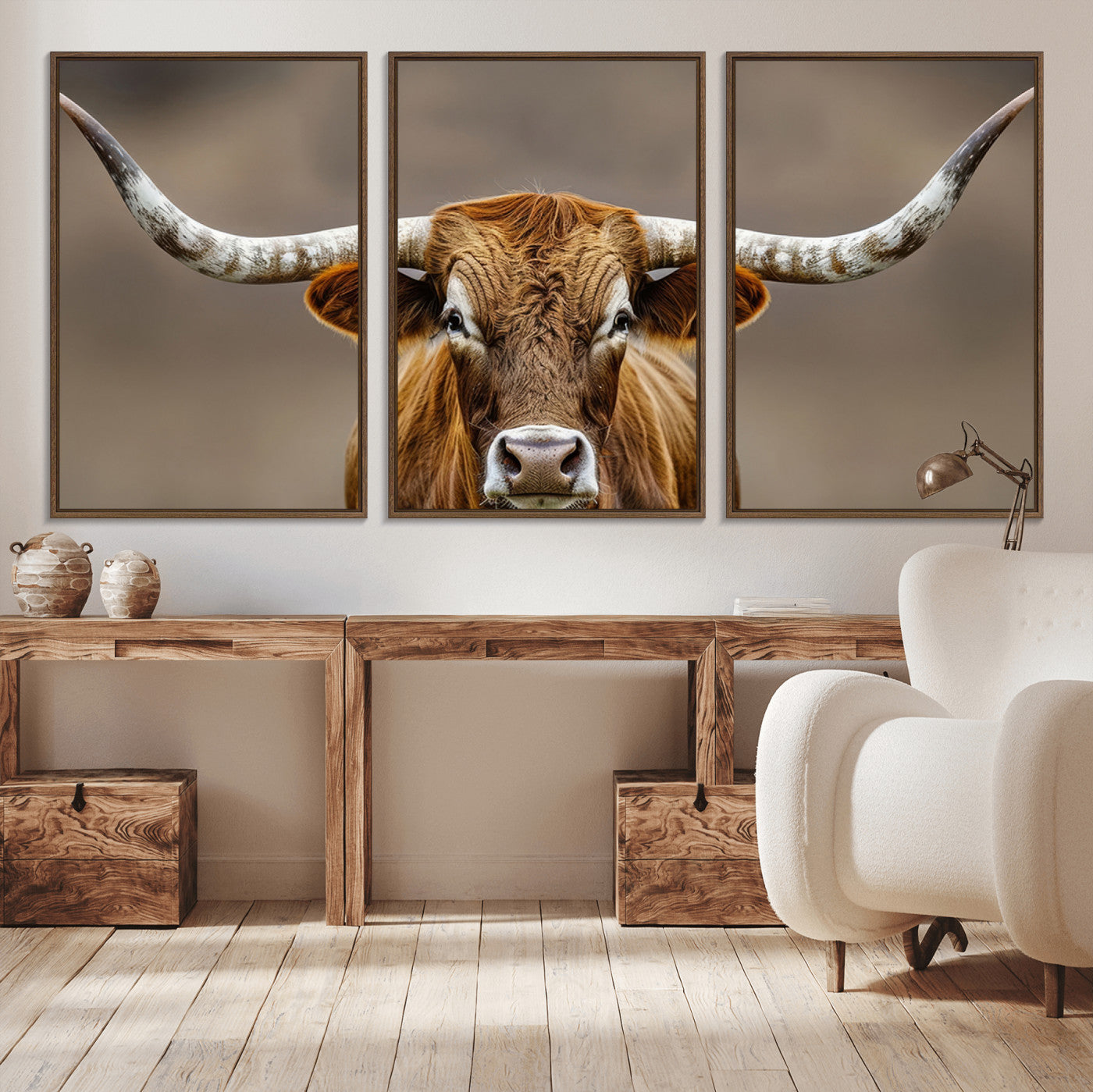 12179171-MGV-CV-36X24-Texas Longhorn Wall Art Canvas Print, Framed Brown Bull Art Picture Print, Lone Cattle Perfect Rustic Western Decor Artwork