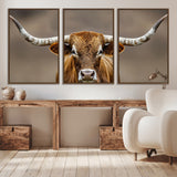 12179171-MGV-CV-36X24-Texas Longhorn Wall Art Canvas Print, Framed Brown Bull Art Picture Print, Lone Cattle Perfect Rustic Western Decor Artwork