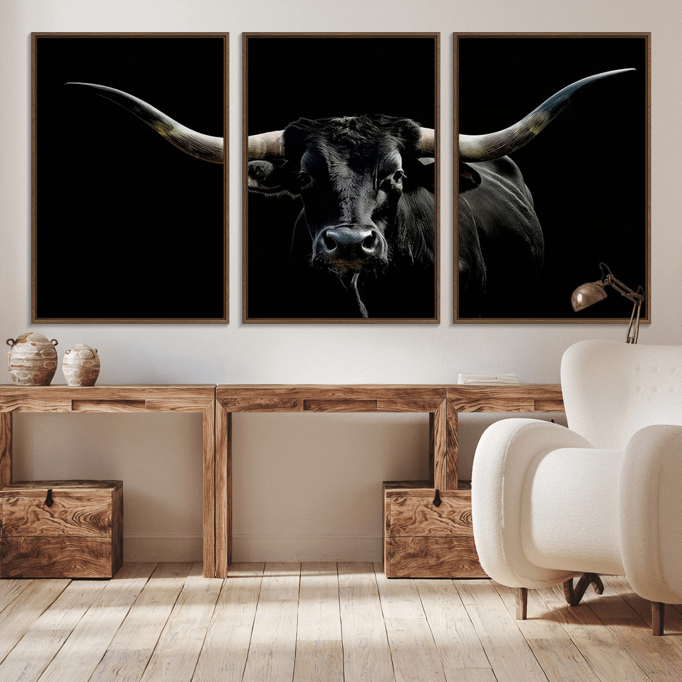37531960-MGV-CV-36X24-Black Longhorn Bull Wall Art – Dramatic Western Cattle Canvas Print, Rustic Farmhouse Animal Artwork for Living Room, Bedroom,