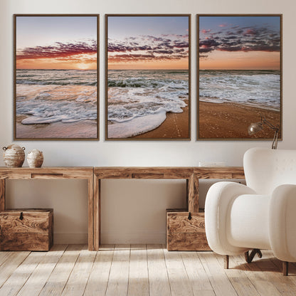 39846389-MGV-CV-36X24-Ocean Sunset Wall Art Canvas Print, Framed Sandy Shore Art Picture Print, Gentle Waves Perfect Minimalist Coastal Decor Artwork