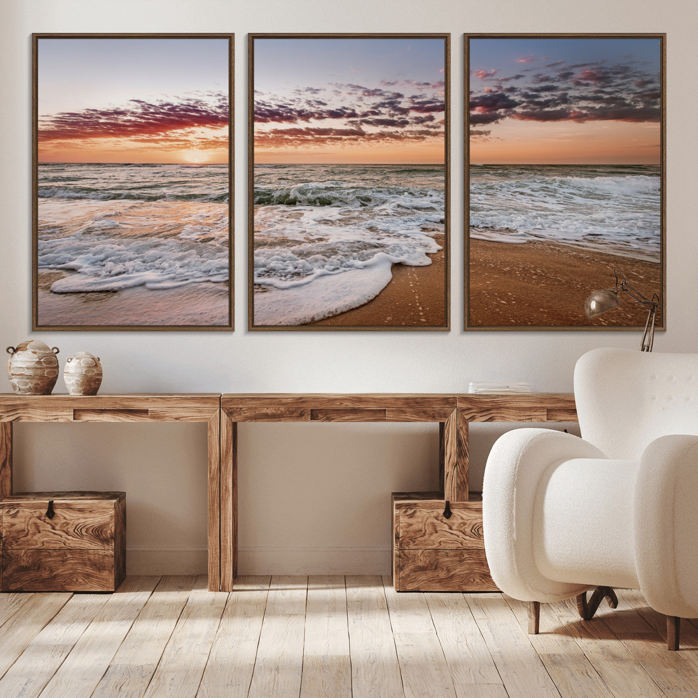 39846389-MGV-CV-36X24-Ocean Sunset Wall Art Canvas Print, Framed Sandy Shore Art Picture Print, Gentle Waves Perfect Minimalist Coastal Decor Artwork
